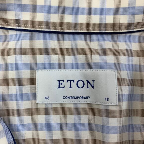 Eton Dress Shirt Mens 18 Brown Blue Gingham Check Contemporary Business Dress - Picture 5 of 11